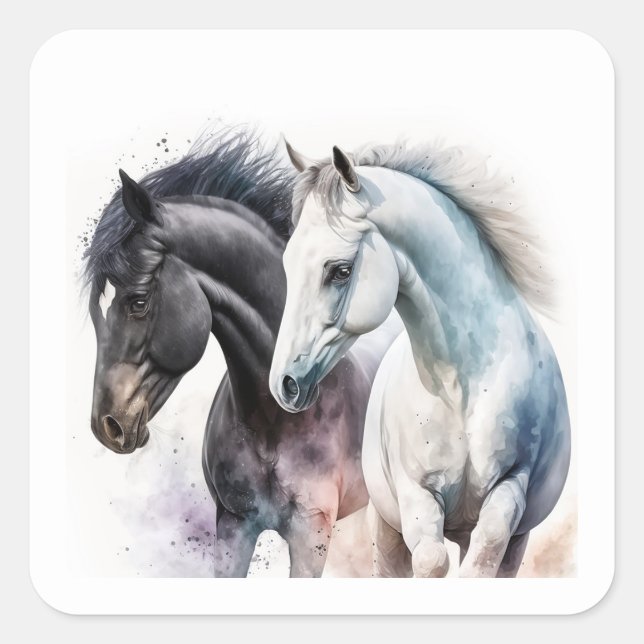 Black & White Horses in Watercolor Square Sticker (Front)