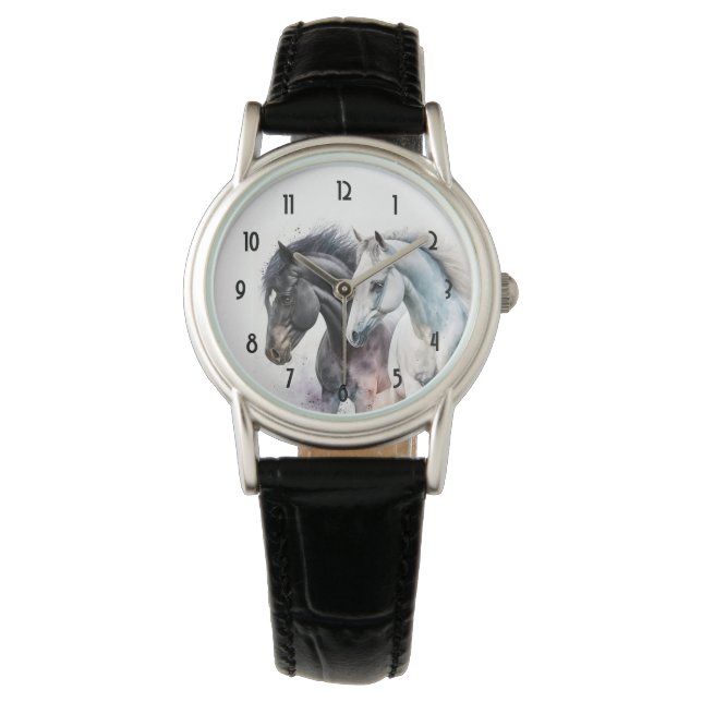 Black & White Horses in Watercolor Watch (Front)