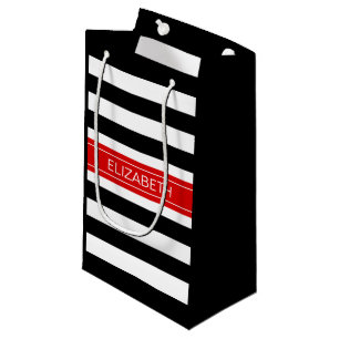 Black White Horz Preppy Stripe Red Name Monogram Small Gift Bag