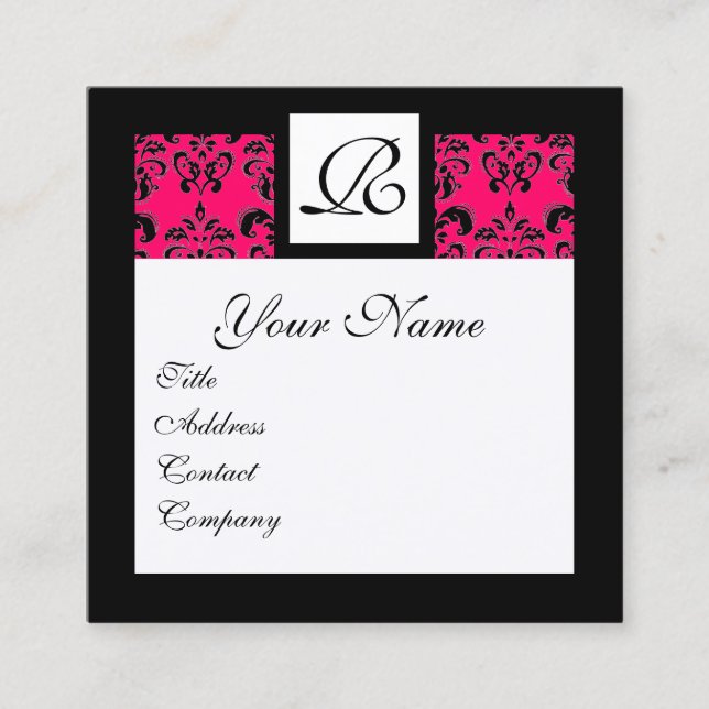 BLACK WHITE HOT PINK DAMASK SQUARE MONOGRAM SQUARE BUSINESS CARD (Front)