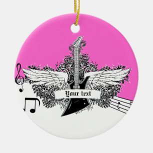 Black white hot pink electric guitar with wings ceramic tree decoration