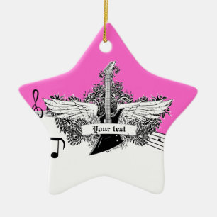 Black white hot pink electric guitar with wings ceramic tree decoration