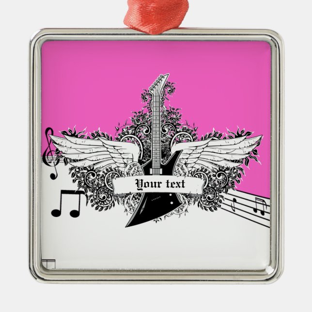 Black white hot pink electric guitar with wings metal tree decoration (Front)