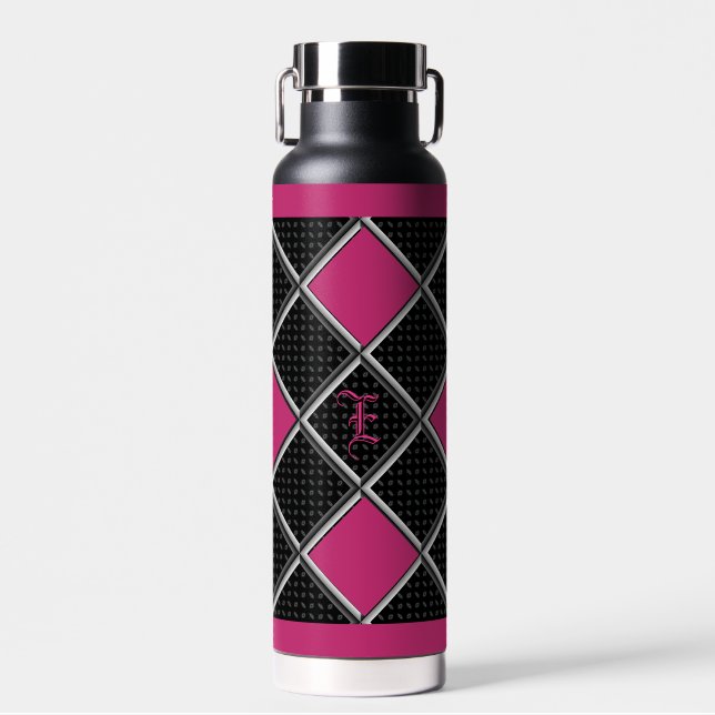 Black White Hot Pink Elegant Diamond Argile Water Bottle (Front)