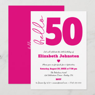 Black White Hot Pink Hello 50 Fabulous Birthday Invitation