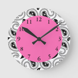 Black, White, Hot Pink Paisley Pattern Round Clock
