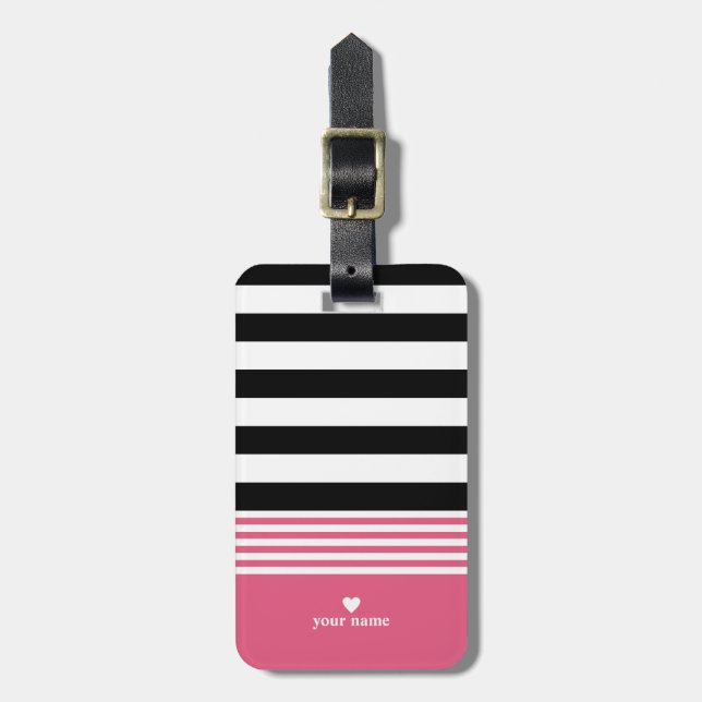 Black, White & Hot Pink Striped Personalised Luggage Tag (Front Vertical)