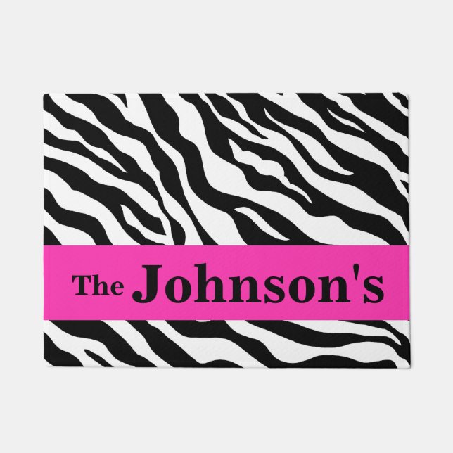 Black White Hot Pink Zebra Skin Name Personalised Doormat (Front)