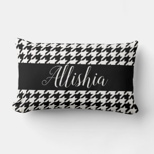 Black & White Houndstooth & Hand Lettering Script Lumbar Cushion