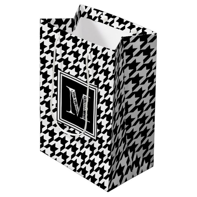 Black White Houndstooth | Modern Monogram Medium Gift Bag (Front Angled)