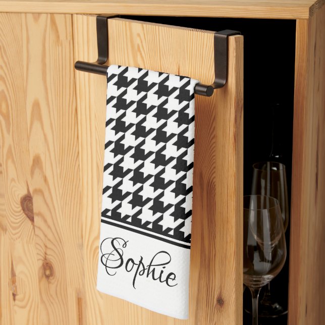 Black & White Houndstooth Personalised  Tea Towel (Thirds Fold)