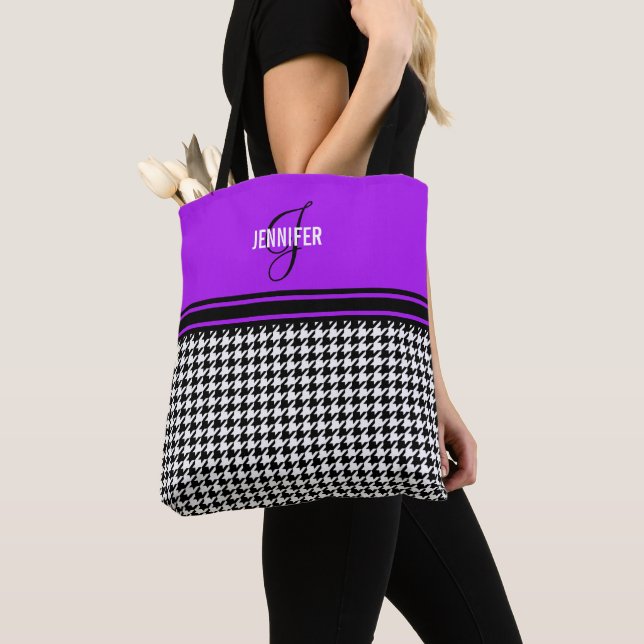 Black White Houndstooth purple name monogram Tote Bag (Close Up)