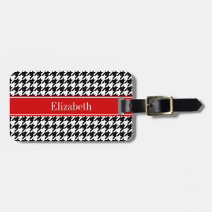Black White Houndstooth Red Name Monogram Luggage Tag