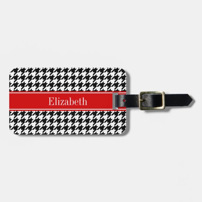 Black White Houndstooth Red Name Monogram Luggage Tag (Front Horizontal)