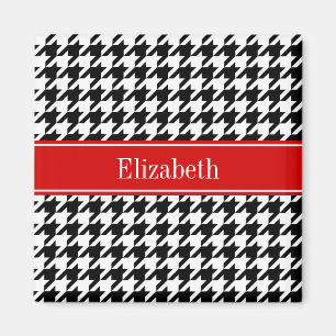 Black White Houndstooth Red Name Monogram Magnet