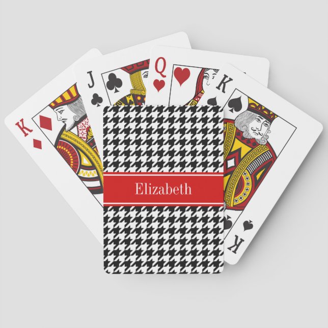 Black White Houndstooth Red Name Monogram Playing Cards (Back)