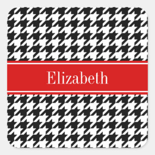 Black White Houndstooth Red Name Monogram Square Sticker