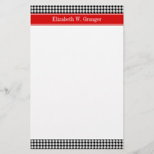 Black White Houndstooth Red Name Monogram Stationery