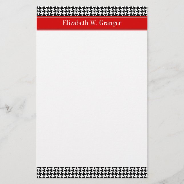 Black White Houndstooth Red Name Monogram Stationery (Front)