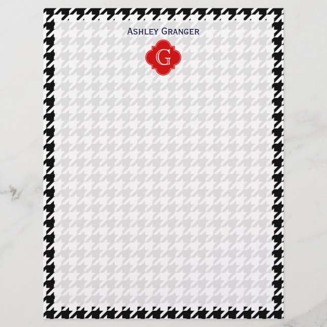 Black White Houndstooth Red Quatrefoil Monogram (Front)