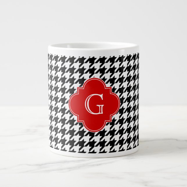 Black White Houndstooth Red Quatrefoil Monogram Large Coffee Mug (Front)