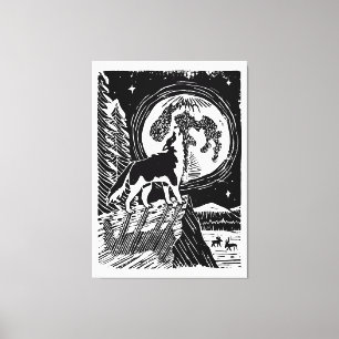 Black & White Howling Husky at Night Linocut Canvas Print