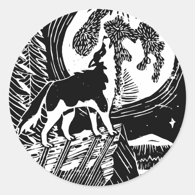 Black & White Howling Husky at Night Linocut Classic Round Sticker (Front)