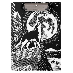 Black & White Howling Husky at Night Linocut Clipboard