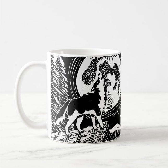 Black & White Howling Husky at Night Linocut Coffee Mug (Left)
