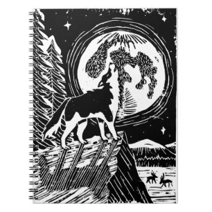 Black & White Howling Husky at Night Linocut Notebook