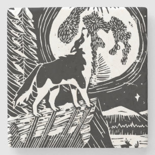 Black & White Howling Husky at Night Linocut Stone Coaster