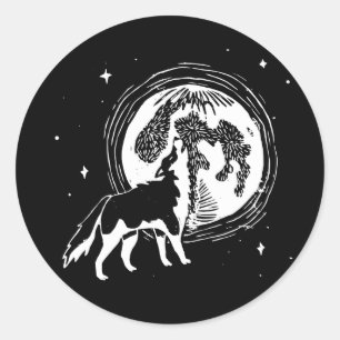 Black & White Howling Husky Moon Linocut Classic Round Sticker