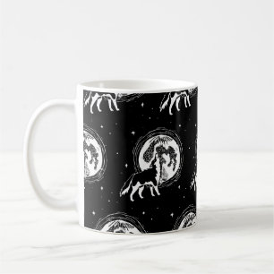 Black & White Howling Husky Moon Linocut Pattern Coffee Mug