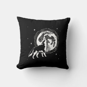 Black & White Howling Husky Moon Linocut Pattern Cushion