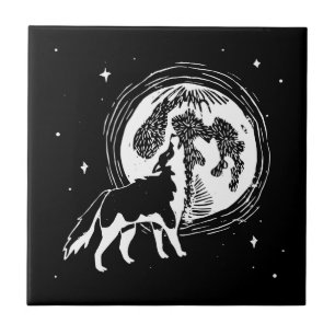 Black & White Howling Husky Moon Linocut Tile