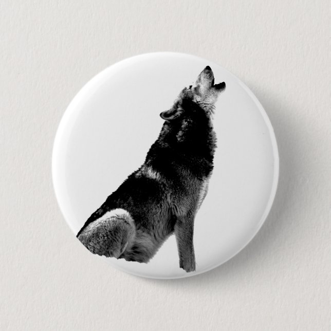 Black White Howling Wolf 6 Cm Round Badge (Front)