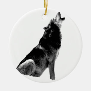 Black White Howling Wolf Ceramic Tree Decoration