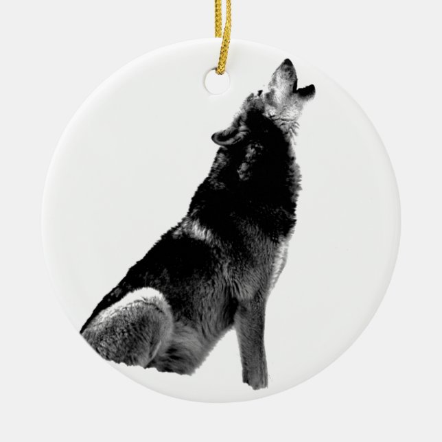 Black White Howling Wolf Ceramic Tree Decoration (Front)