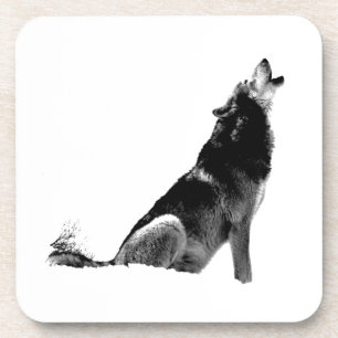 Black White Howling Wolf Coaster