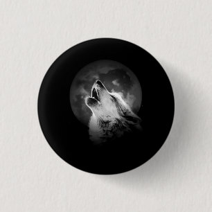Black & White Howling Wolf & Moon 3 Cm Round Badge