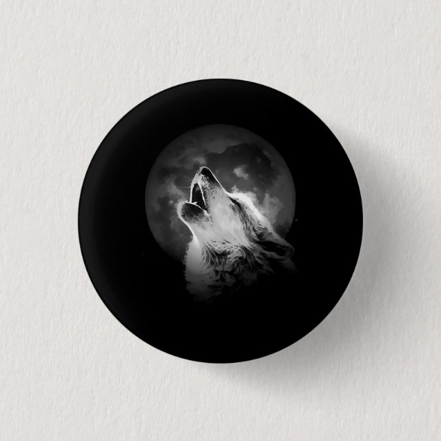 Black & White Howling Wolf & Moon 3 Cm Round Badge (Front)