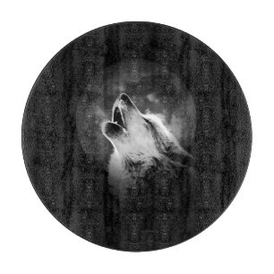 Black & White Howling Wolf & Moon Cutting Board