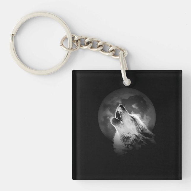 Black & White Howling Wolf & Moon Key Ring (Front)