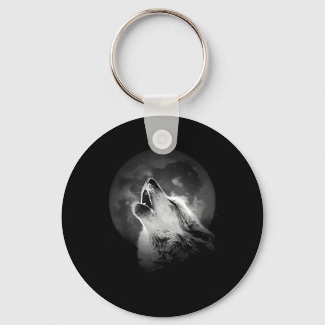 Black & White Howling Wolf & Moon Key Ring (Front)
