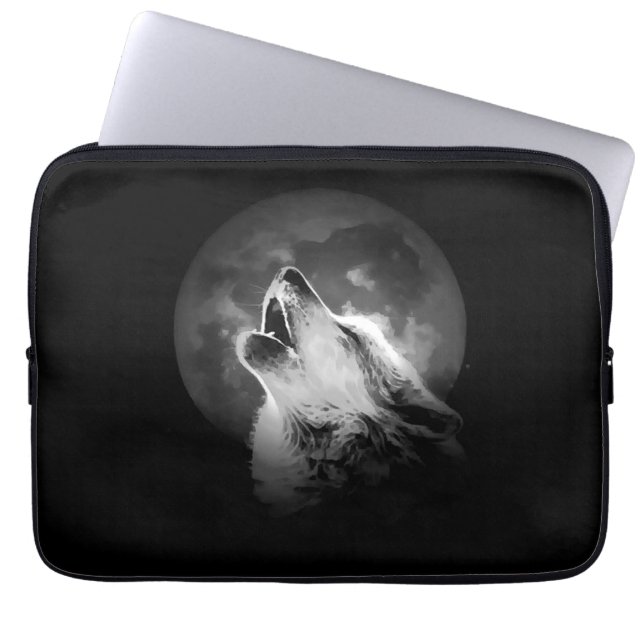 Black & White Howling Wolf & Moon Laptop Sleeve (Front)