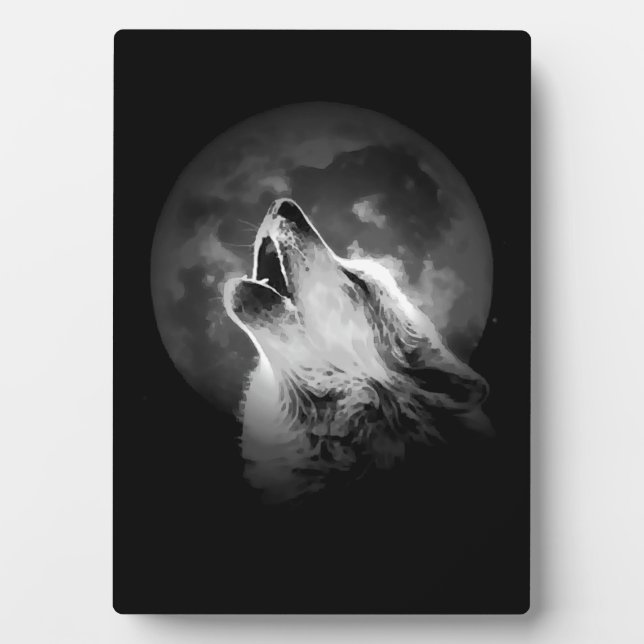 Black & White Howling Wolf & Moon Plaque (Front)
