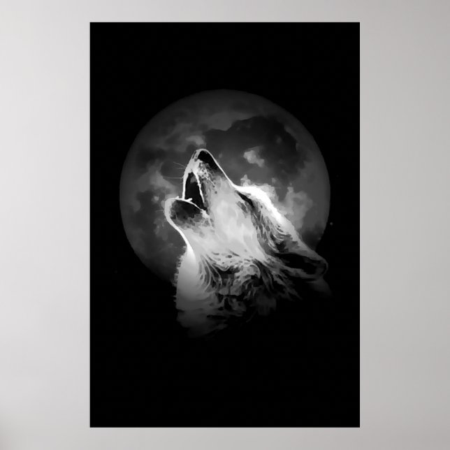Black & White Howling Wolf & Moon Poster (Front)