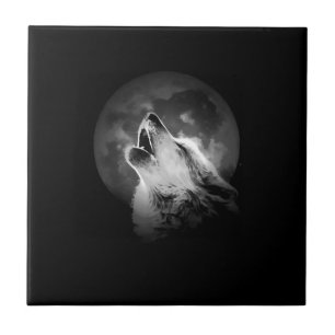 Black & White Howling Wolf & Moon Tile