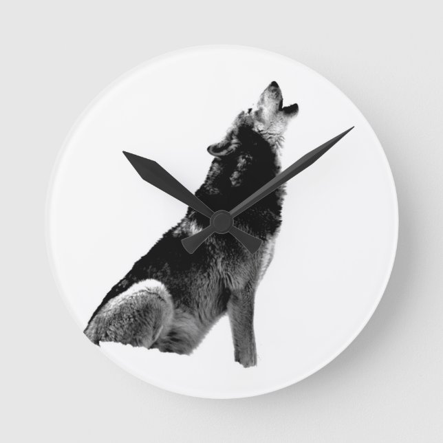 Black White Howling Wolf Round Clock (Front)