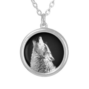 Black & White Howling Wolf Silver Plated Necklace